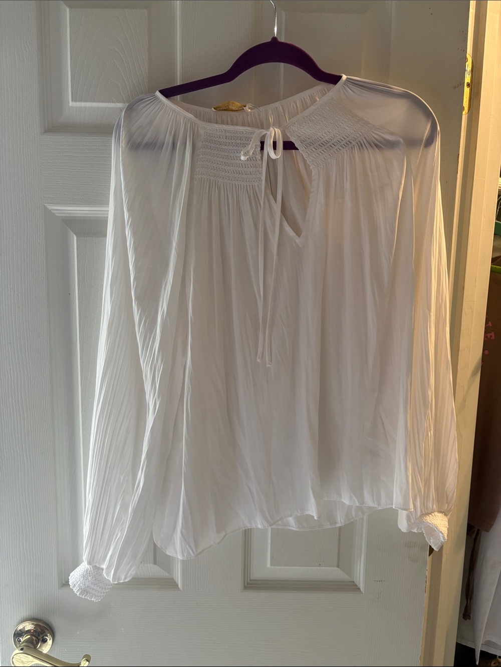 Ramy Brook White Smocked Yoke Peasant Blouse